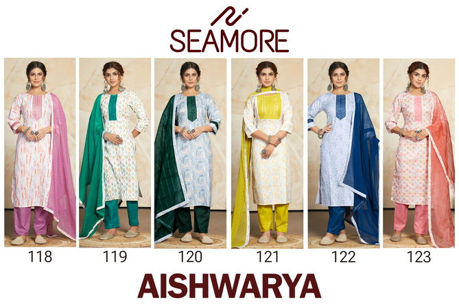 Aishwarya By Seamore 118 To 123 Cotton Blend Printed Kurti With Bottom Dupatta Wholesale Market In Surat